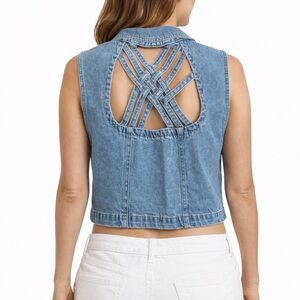 Y2K VINTAGE Classic Sleeveless Denim Vest Crisscross Back Large